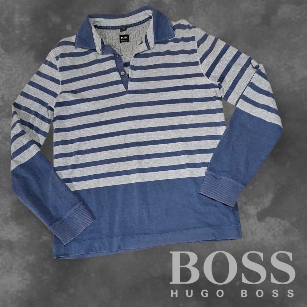 Hugo Boss Mens Regular Fit Striped Long Sleeve Polo Shirt Blue & Grey M
